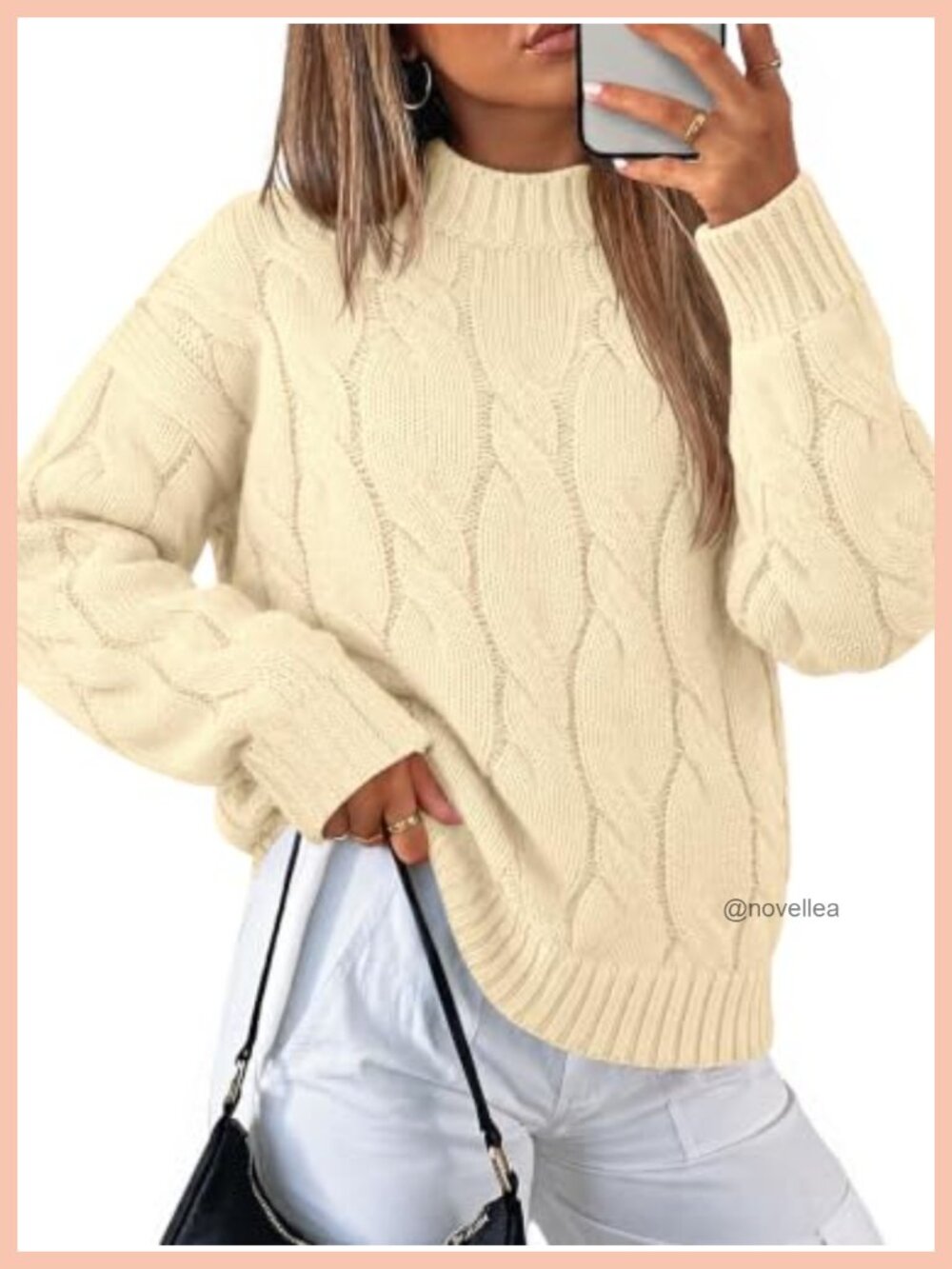 Mock Neck Cable Knit Sweater Loose Fit Pullover Long Sleeve